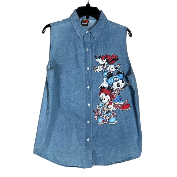 Vintage Mickey Mouse Graphic Denim Button Up Shirt Vest Size L Jerry Leigh - Picture 1 of 9
